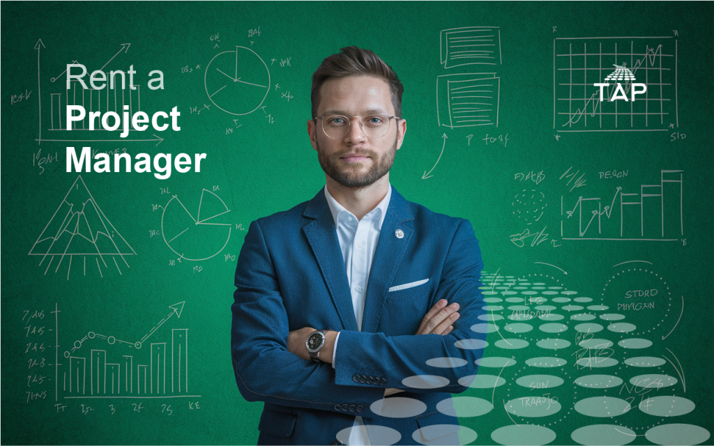 A confident project manager in a blue suit standing against a green background with charts, graphs, and diagrams, representing project management expertise.