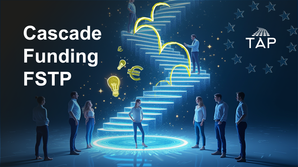 A futuristic visual representation of cascade funding, showing individuals climbing illuminated steps with symbols of innovation, funding, and growth.