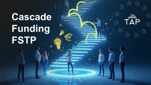 A futuristic visual representation of cascade funding, showing individuals climbing illuminated steps with symbols of innovation, funding, and growth.