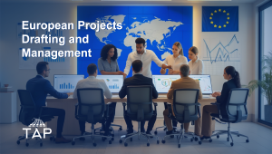 A team of professionals collaborating around a table with laptops and data charts, in a modern office featuring a world map, European Union flag, and graphical displays. Text overlay reads 'European Projects Drafting and Management' with the TAP logo at the bottom.